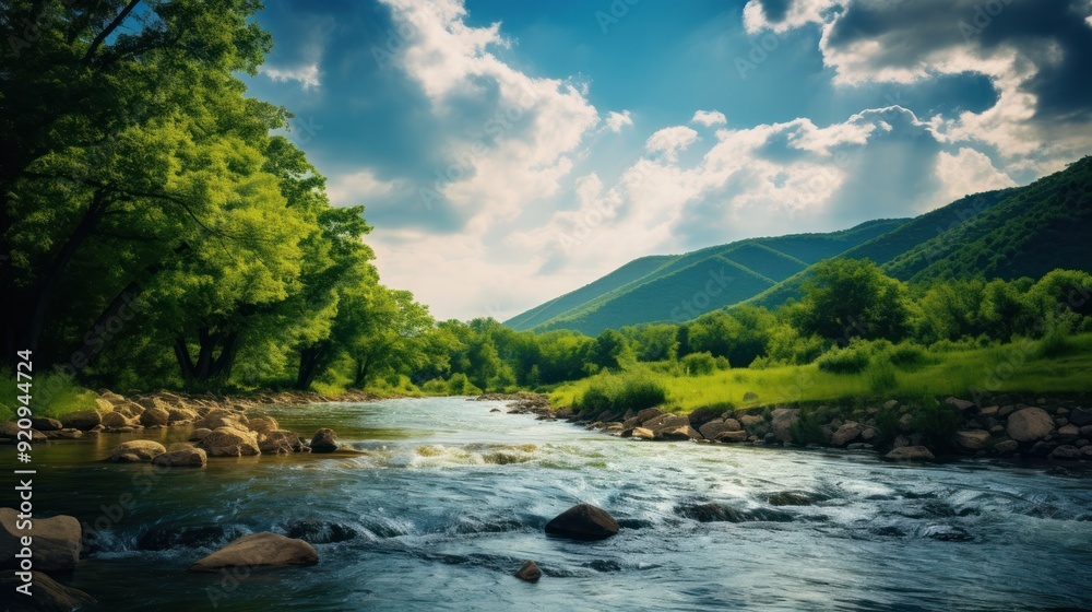 A scenic river flows through a lush green valley with rolling hills in the background under a cloudy sky. A scenic river flows through a lush green valley with rolling hills in the background under a cloudy sky.