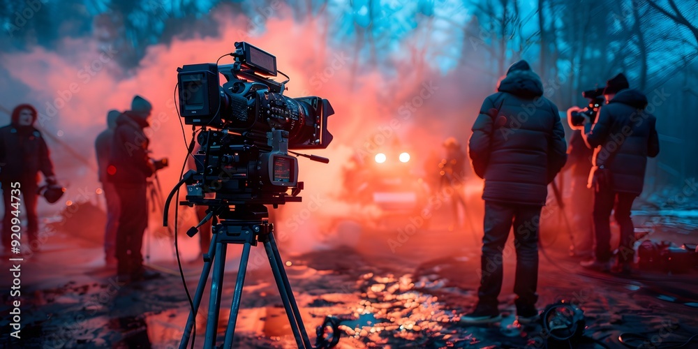 Fototapeta premium Film Camera and Lighting Effects on a Movie Set, Capturing the Essence of Cinematic Production