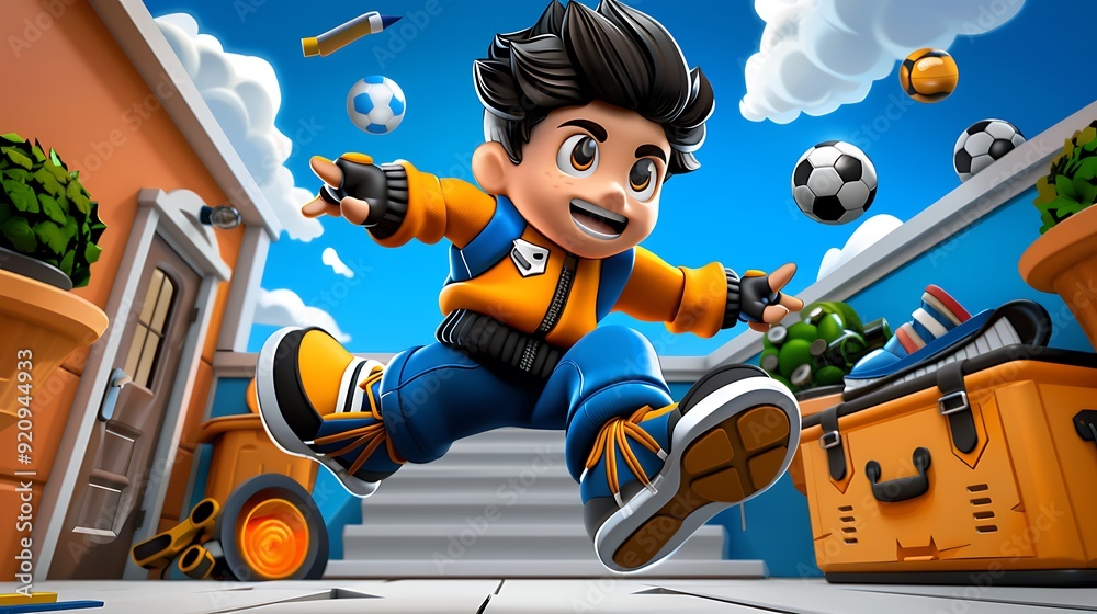 A side-scrolling game design featuring a character jumping over school supplies to reach the school door. A side-scrolling game design featuring a character jumping over school supplies to reach the school door.