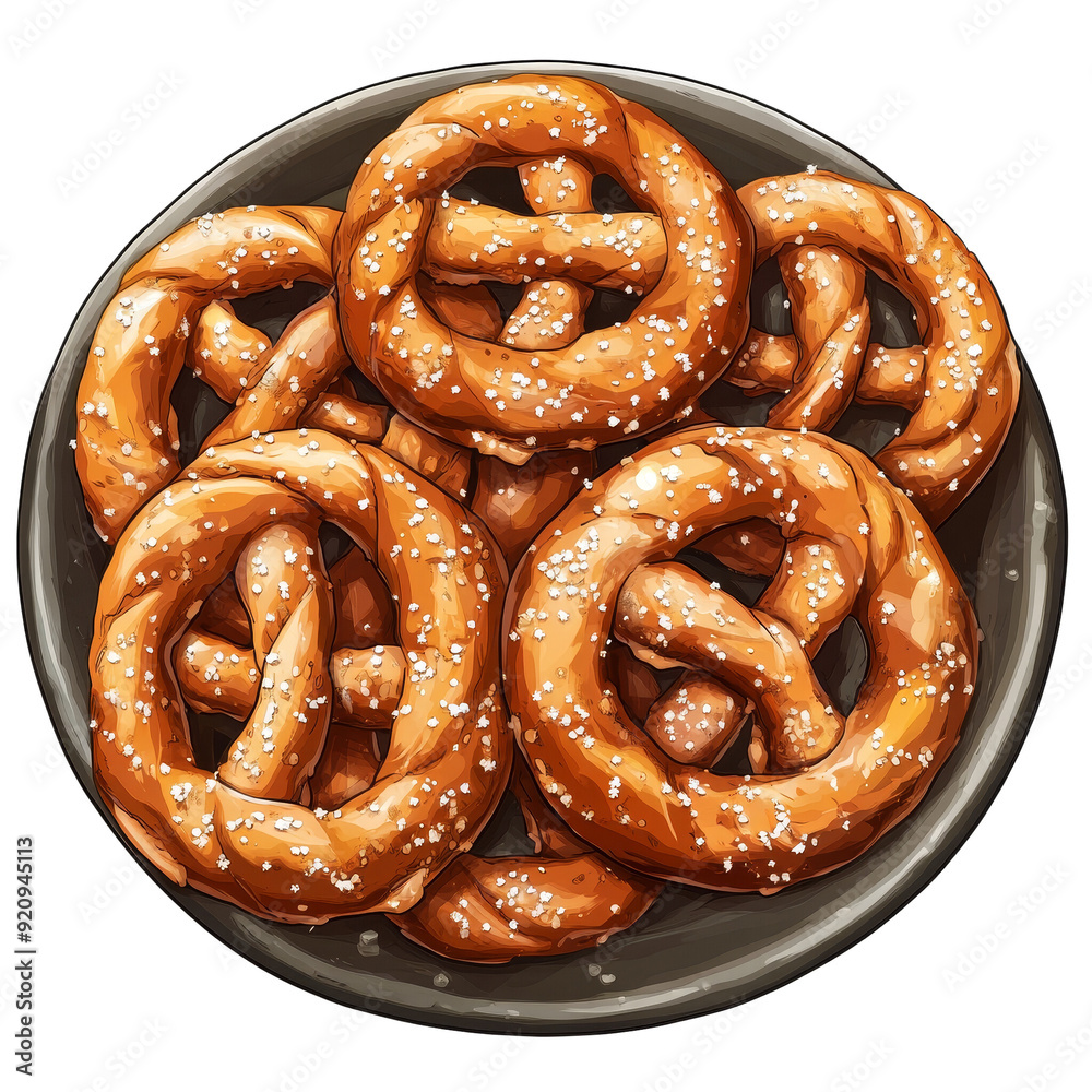 A plate of freshly baked, golden brown pretzels sprinkled with salt. A plate of freshly baked, golden brown pretzels sprinkled with salt.