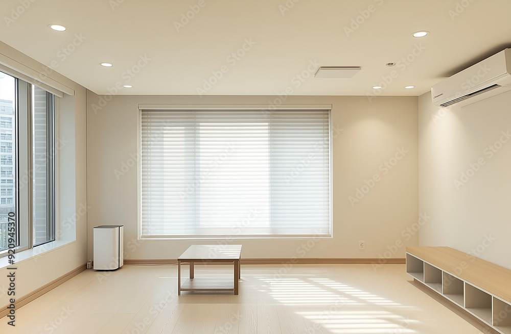 Fototapeta premium a room with a bench and a window with the blinds open