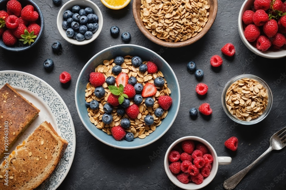 Breakfast with summer berries and cereal bread top view Breakfast with summer berries and cereal bread top view