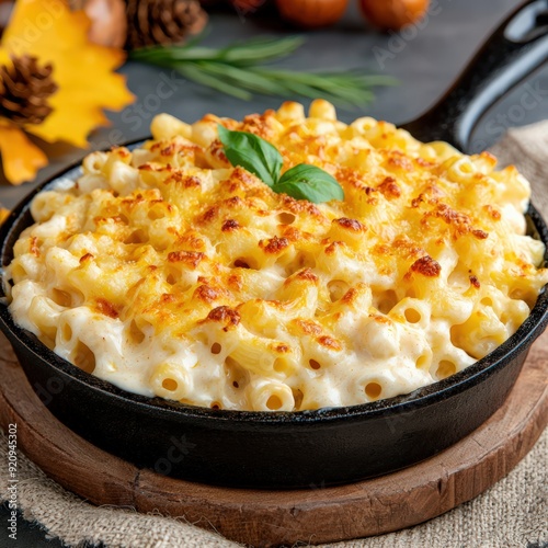 Delicious creamy baked macaroni and cheese in a skillet with a sprinkle of herbs, perfect comfort food for any meal. photo