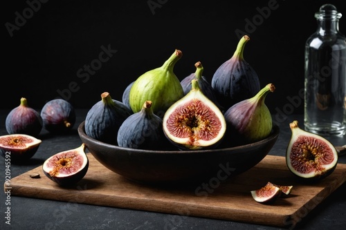 Chiaroscuro, renaissance baroque style still life photography, figs in a bowl on a cutting board and a cutted fig outside the bowl, black background, dark food photo