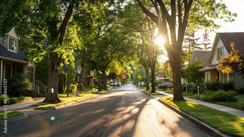 A city road in a residential neighborhood, lined with trees and family homes, showcasing the quieter side of urban living. A city road in a residential neighborhood, lined with trees and family homes, showcasing the quieter side of urban living.