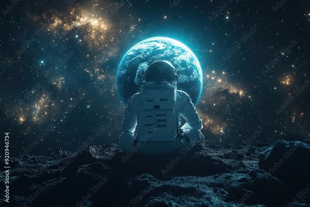 surreal space scene astronaut on lunar surface gazes at massive earthlike planet rising on horizon starry cosmos backdrop surreal space scene astronaut on lunar surface gazes at massive earthlike planet rising on horizon starry cosmos backdrop