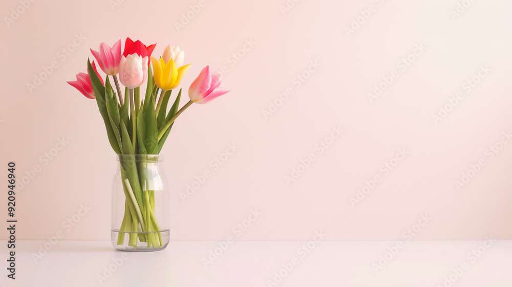 Bouquet of Multicolored Tulips in Glass Vase on Soft Pink Background. Minimalist Floral Arrangement. Springtime and Easter Celebration Concept. Design for Greeting Card and Poster Bouquet of Multicolored Tulips in Glass Vase on Soft Pink Background. Minimalist Floral Arrangement. Springtime and Easter Celebration Concept. Design for Greeting Card and Poster