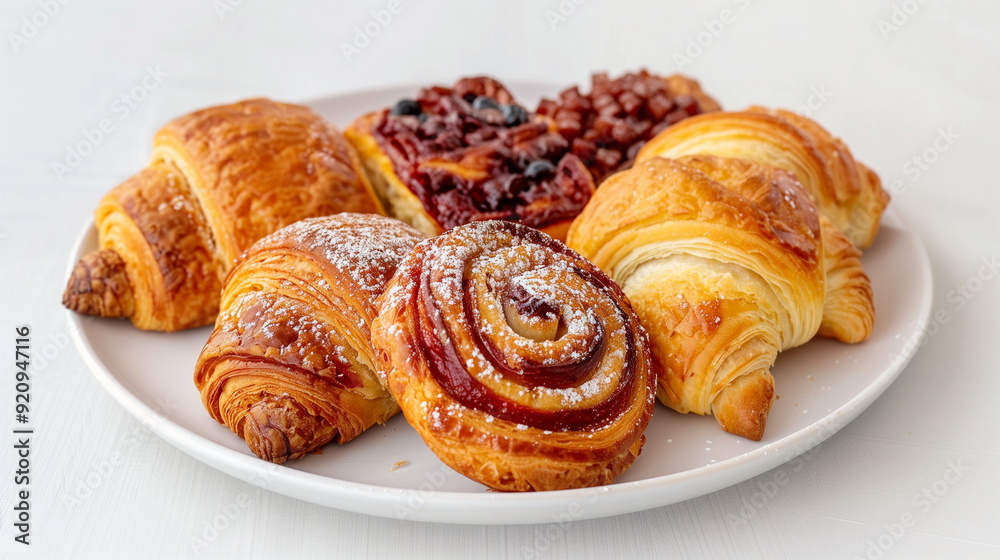 Delicious Assorted Freshly Baked Pastries on a White Plate Perfect for Breakfast or Brunch Featuring Croissants Rolls with Powdered Sugar and Fruity Toppings on a Wholesome Rustic Epiphany Celebration