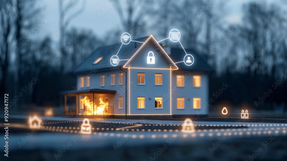 Illuminated House with Protective Insurance Barrier in Wintry Landscape Illuminated House with Protective Insurance Barrier in Wintry Landscape