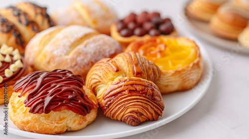 Assorted Freshly Baked Pastries on a White Plate Including Chocolate-Drizzled Danish, Custard-Filled Puffs, Fruit Tarts, Croissants Perfect for Breakfast or Brunch Gatherings with a Touch of Elegance