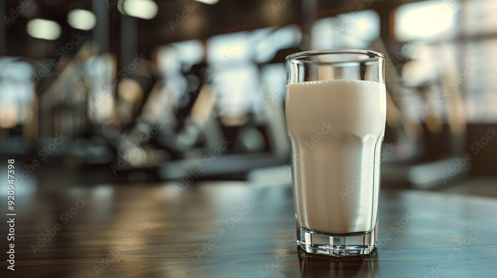 A glass of milk on the table in a fitness gym A glass of milk on the table in a fitness gym
