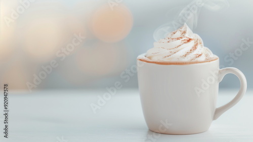 Steaming Cup of Hot Chocolate with Whipped Cream on White Table, Warm Cozy Scene, Winter Beverage, Holiday Treat, Comforting Drink, Soft Focus Background, Perfect for Cafes and Holiday Promotions