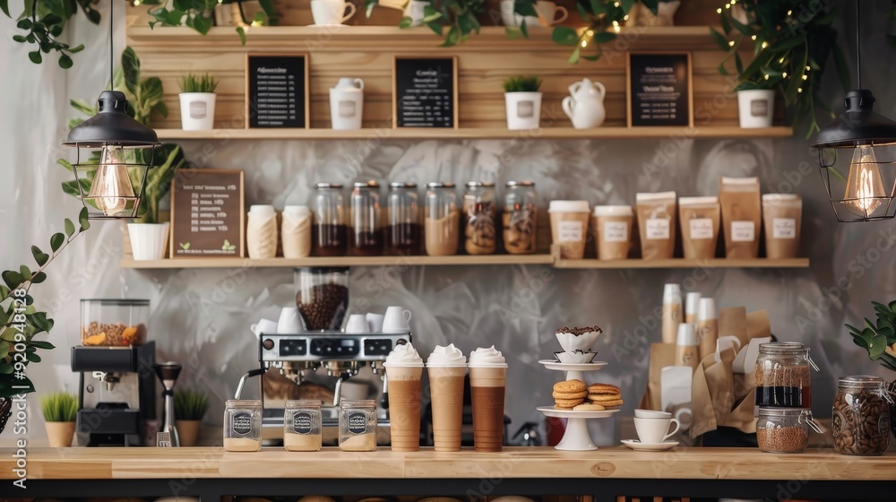 A coffee shop menu board featuring a variety of coffee drinks, teas, and snacks. A coffee shop menu board featuring a variety of coffee drinks, teas, and snacks.