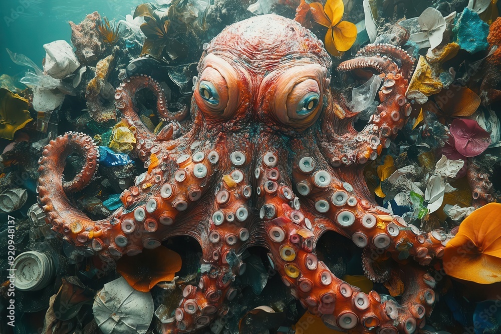 surrealist underwater scene of a giant octopus crafting an intricate sculpture from collected plastic waste symbolizing ocean conservation efforts surrealist underwater scene of a giant octopus crafting an intricate sculpture from collected plastic waste symbolizing ocean conservation efforts