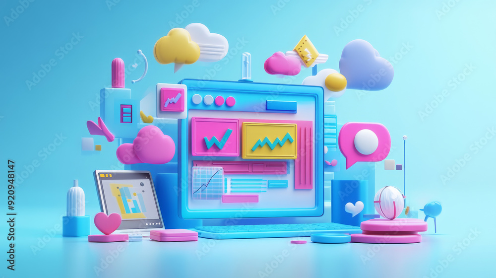 Enterprise, Technology, Web and network idea. Digital Advertising content development promotional strategy concept. 3D rendering. Enterprise, Technology, Web and network idea. Digital Advertising content development promotional strategy concept. 3D rendering.