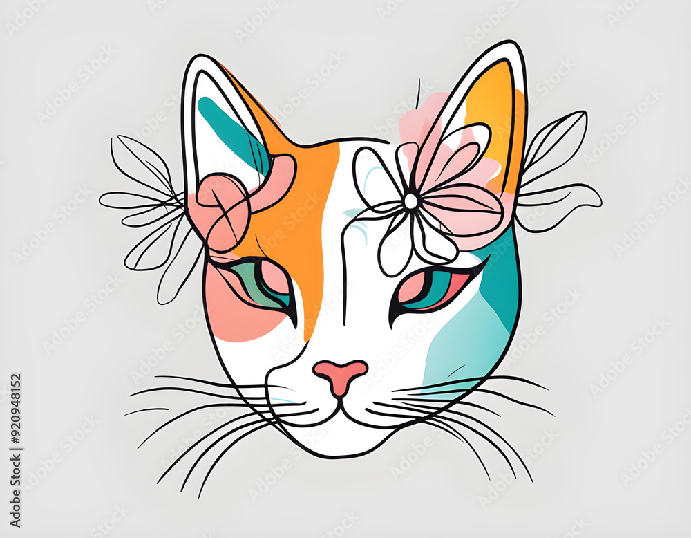 Abstract cat face with flowers by one line vector drawing. Portrait minimalistic style background Abstract cat face with flowers by one line vector drawing. Portrait minimalistic style background