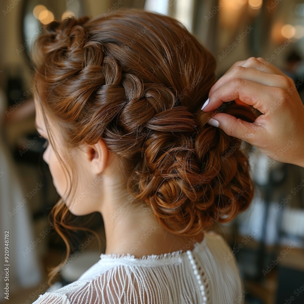 Obraz premium Intricate Wedding Updo: Stylist Weaves Elegant Braids for Bride's Brown, Wavy Hair