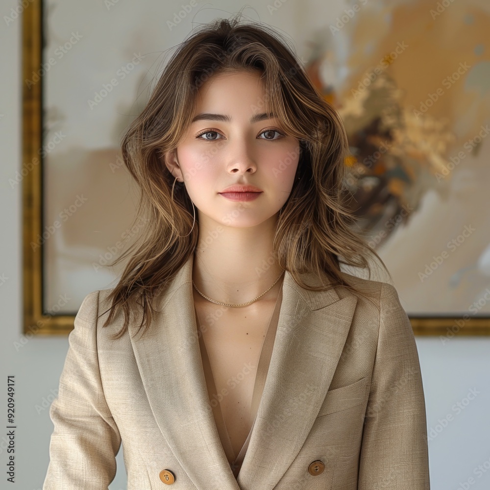Confident Woman in Beige Blazer: Minimalist Style Fashion Pose with Elegance and Contemporary Chic Confident Woman in Beige Blazer: Minimalist Style Fashion Pose with Elegance and Contemporary Chic