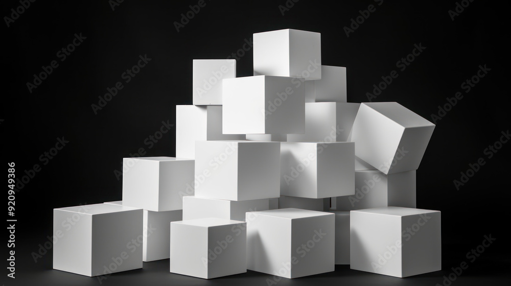 Collection of white cubes arranged randomly on a black background. Cubes background. Collection of white cubes arranged randomly on a black background. Cubes background.