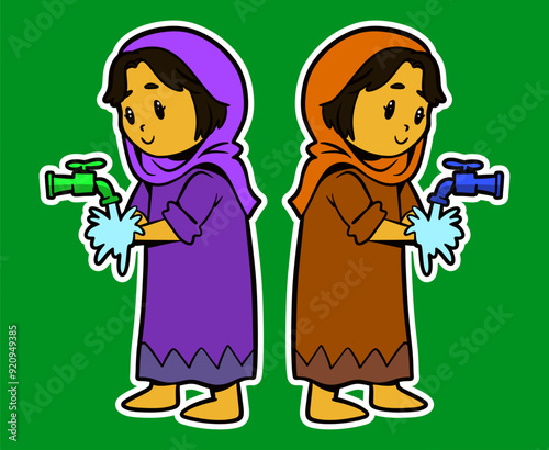 Doodle Sticker Illustration of Muslim Girl doing Ablution