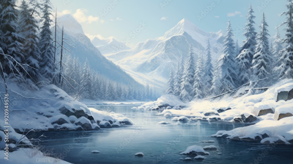 custom made wallpaper toronto digitalA tranquil frozen river winds through a snowy mountain landscape, with a dusting of snow on the evergreen trees and a clear blue sky above.