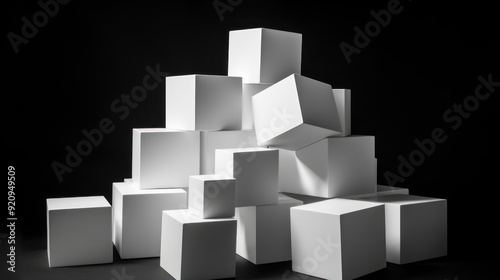 Collection of white cubes arranged randomly on a black background. Cubes background.