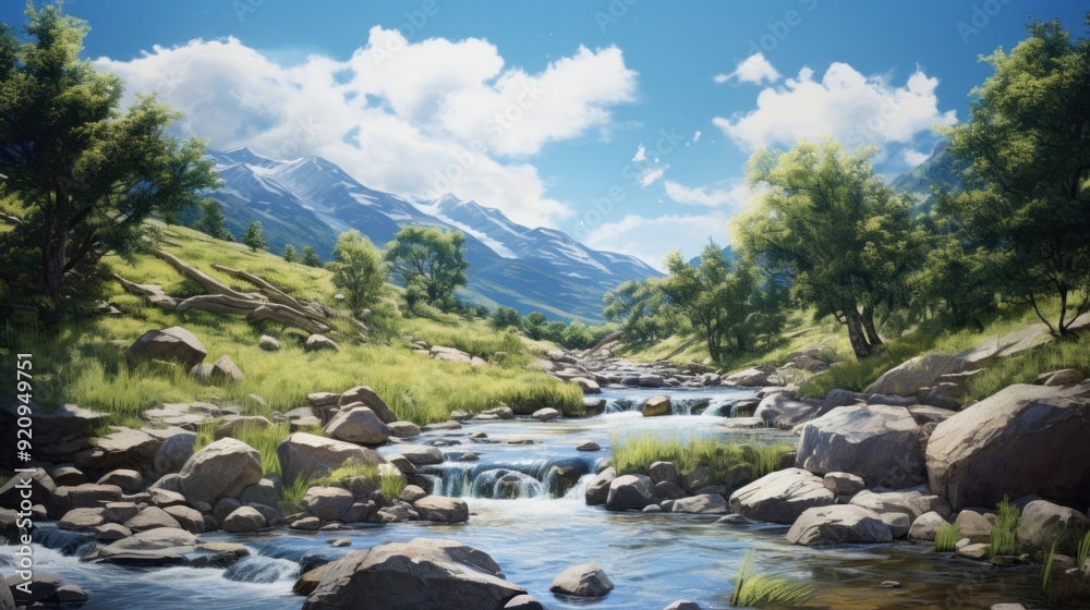 A tranquil river flows through a lush green valley with snow-capped mountains in the background. A tranquil river flows through a lush green valley with snow-capped mountains in the background.