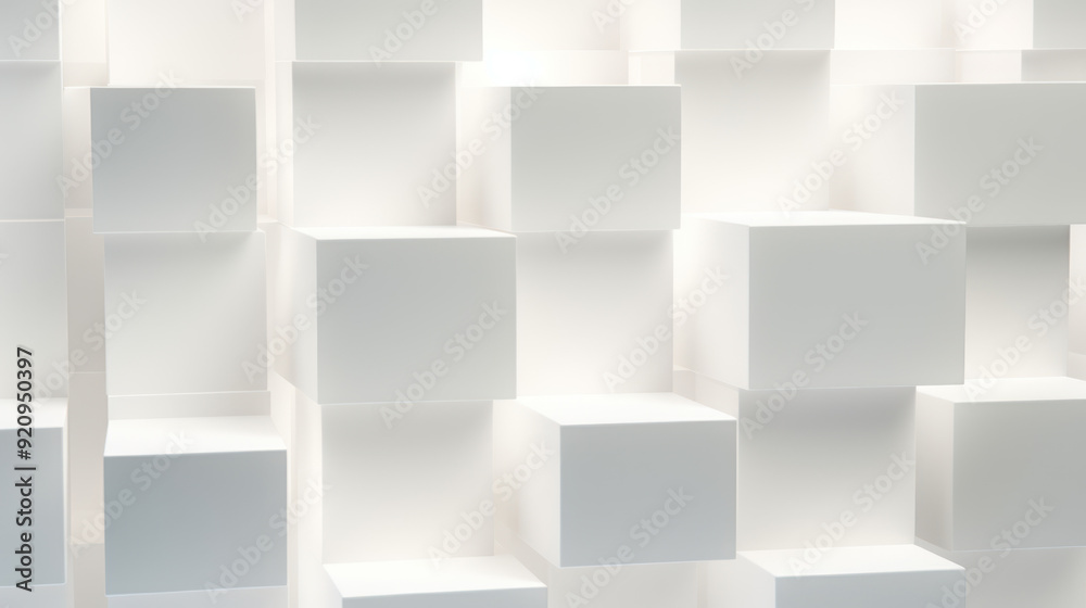 Obraz premium Collection of white cubes arranged randomly on a white background. Cubes background.
