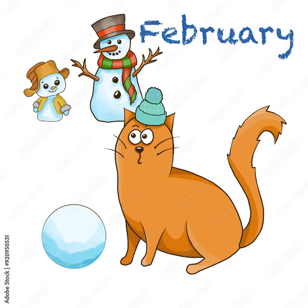 Naklejka premium Calendar. Adventures of a red cat. winter, spring, summer, autumn, Holiday, cat, red cat, orange, January, February, March, April, May, June, July, August, September, October, November, December