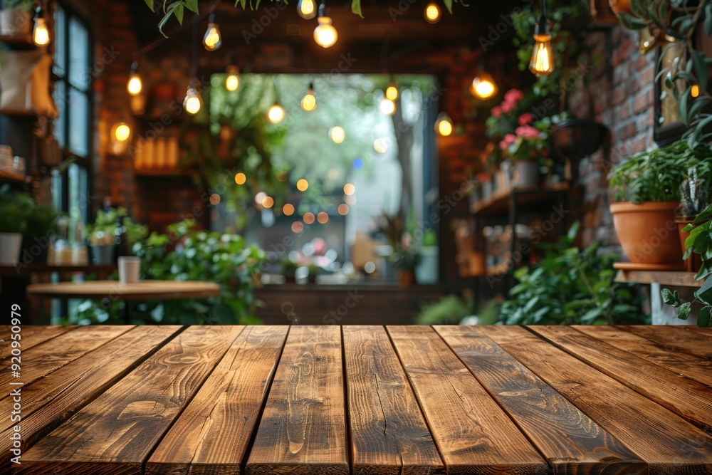 Rustic wooden table in a cozy cafe setting, ideal for stylish product displays and creative photog