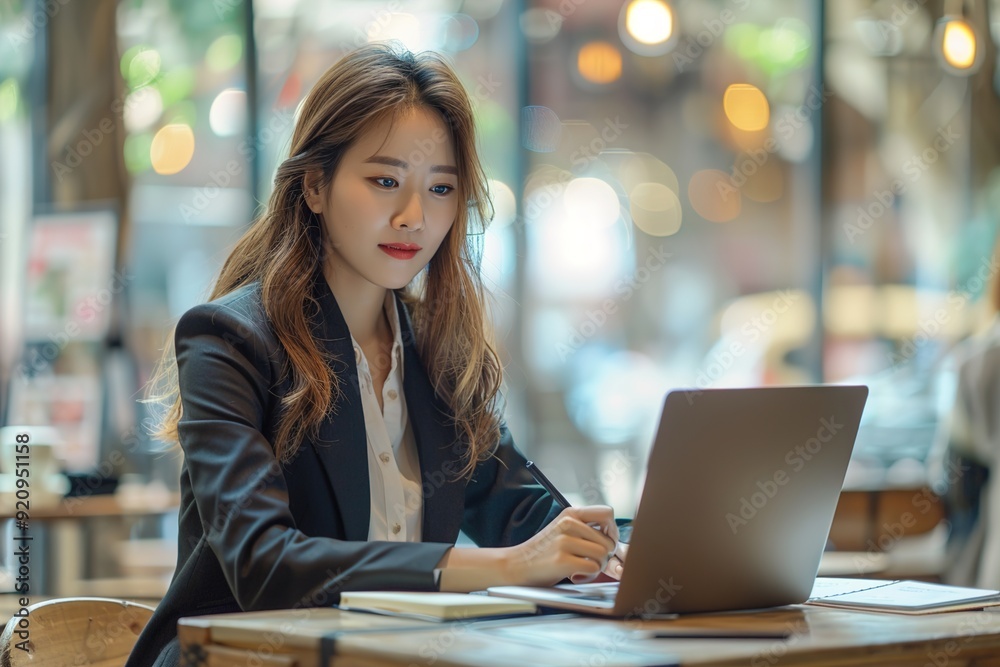 Businesswoman Working on Laptop in a Cafe Businesswoman Working on Laptop in a Cafe