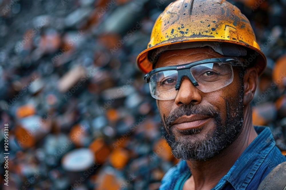 Industrial Worker in Hard Hat and Safety Glasses at Ore Pile in Mine or Quarry Industrial Worker in Hard Hat and Safety Glasses at Ore Pile in Mine or Quarry