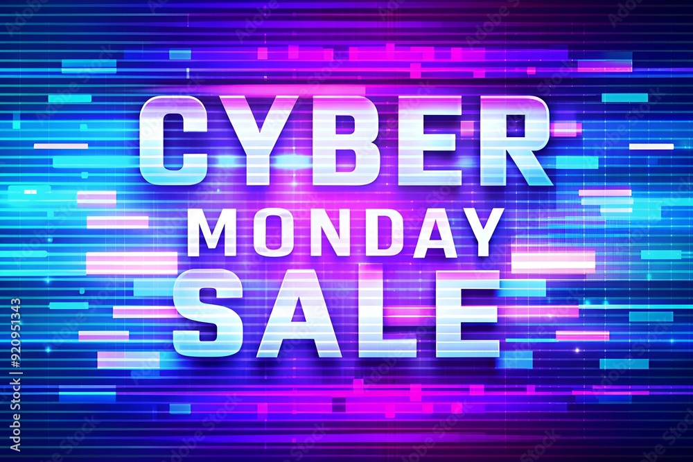 Obraz premium Cyber Monday Sale card - Digital Glitch Effect- Cyber Monday banner with a digital glitch or pixelated effect. Graphic art illustration