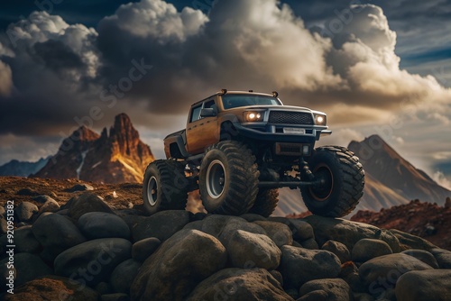 A tight shot of a monster truck atop rocky terrain, surrounded by a towering mountain backdrop and scattered clouds in the sky photo