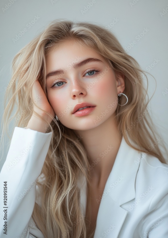 A blonde woman with long hair is wearing a white jacket and posing for a picture