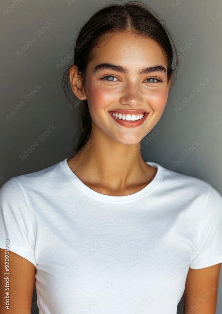 A woman with a white shirt and blue eyes is smiling A woman with a white shirt and blue eyes is smiling