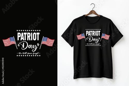 September 11th 9/11 Patriot Day memorial - American flag, Twin Towers, NYC skyline, We Will Never Forget, USA remembrance, tribute illustration for patriotism.