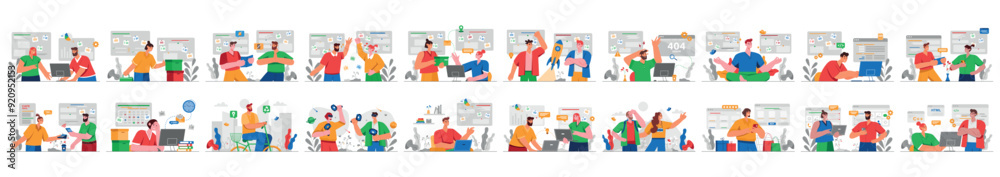 Bundle of color concepts with people scene in flat cartoon design. The themes of the illustrations depicted in this collection cover various aspects of everyday life. Vector illustration. Bundle of color concepts with people scene in flat cartoon design. The themes of the illustrations depicted in this collection cover various aspects of everyday life. Vector illustration.