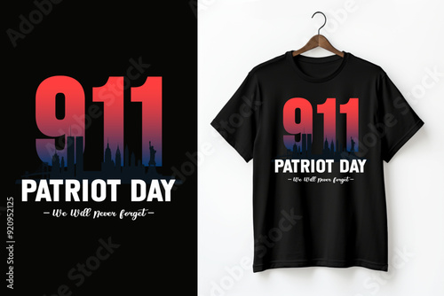 September 11th 9/11 Patriot Day memorial - American flag, Twin Towers, NYC skyline, We Will Never Forget, USA remembrance, tribute illustration for patriotism.