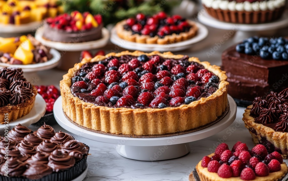 A vibrant display of gourmet cakes and tarts topped with fresh berries, perfect for dessert lovers and culinary enthusiasts. A vibrant display of gourmet cakes and tarts topped with fresh berries, perfect for dessert lovers and culinary enthusiasts.