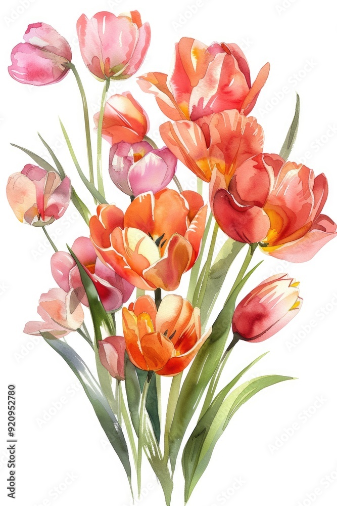 Obraz premium Watercolor Tulip Bouquet for Greeting Card with Spring-themed Frame