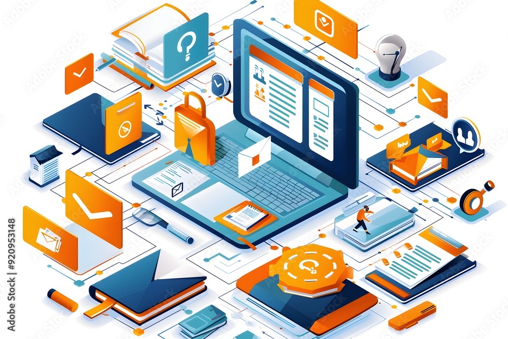 Isometric illustration of a data processing workflow. Isometric illustration of a data processing workflow.