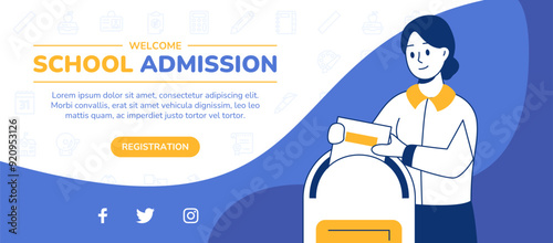 Vector banner dedicated to school education depicts a schoolgirl preparing to enroll in school. Educational banner inviting to register for school before the start of the school year. photo