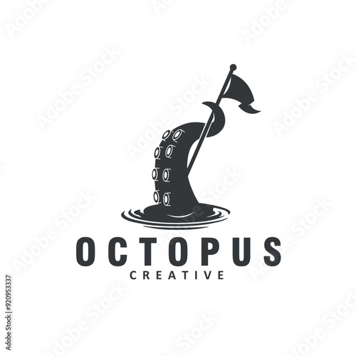octopus tentacle arms holding flags monochrome logo design vector illustration