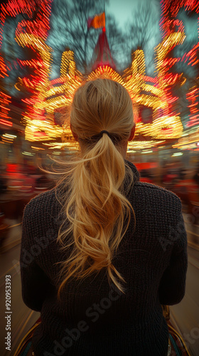 Dreamy Portrait of a Blonde Girl in Front of Sparkling Carousel Lights