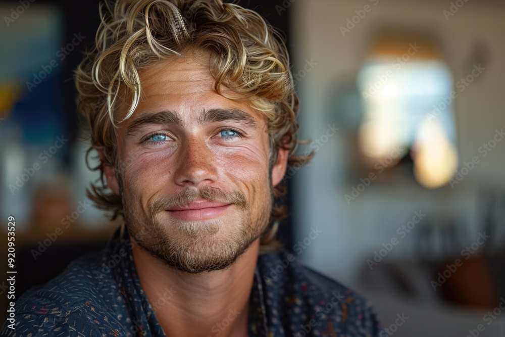 Portrait of a Young Man: Smiling Blond with Blue Eyes in Stylish Dark Patterned Shirt Portrait of a Young Man: Smiling Blond with Blue Eyes in Stylish Dark Patterned Shirt