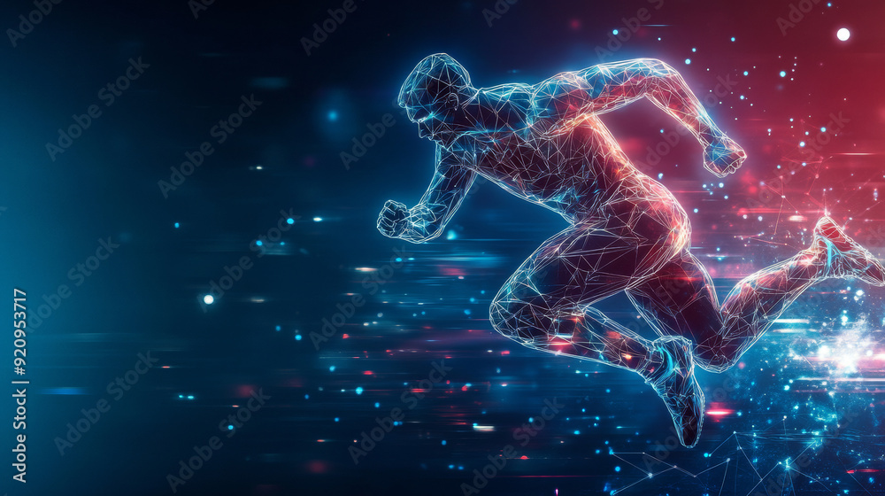 Concept of sports science technology featuring a polygonal runner with futuristic elements. Concept of sports science technology featuring a polygonal runner with futuristic elements.