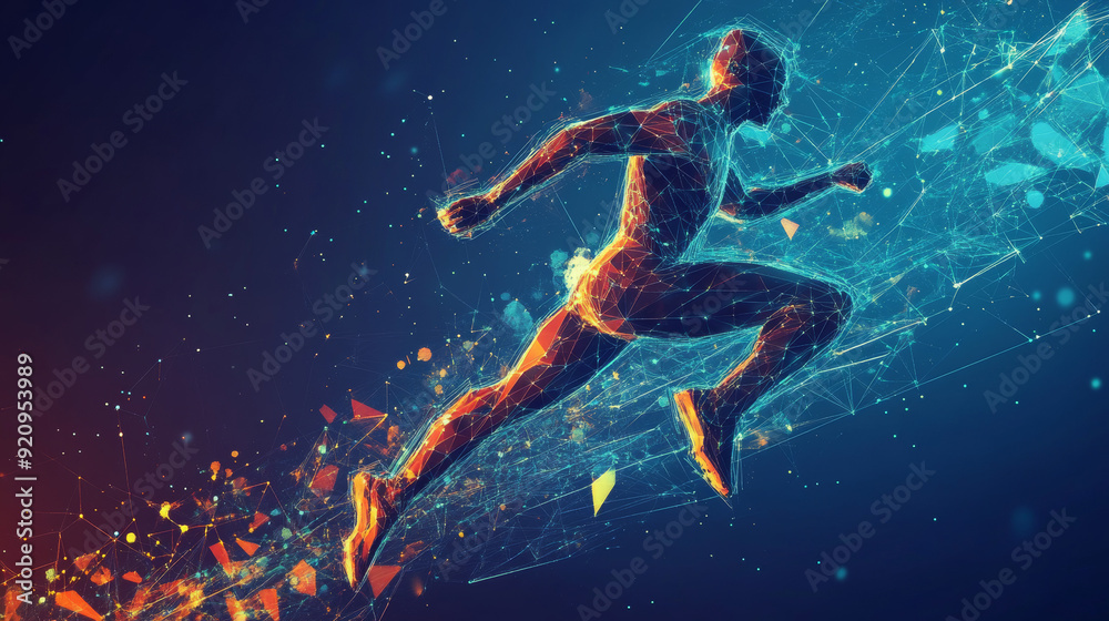 Concept of sports science technology featuring a polygonal runner with futuristic elements. Concept of sports science technology featuring a polygonal runner with futuristic elements.