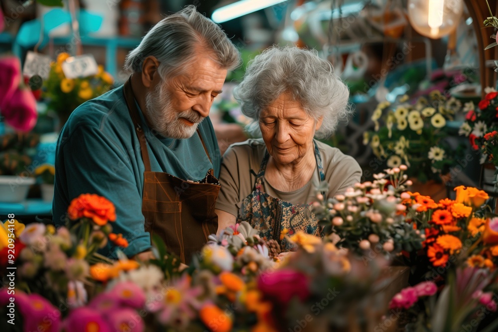 Elderly couple lovingly admiring vibrant flowers at a market. Elderly couple lovingly admiring vibrant flowers at a market.