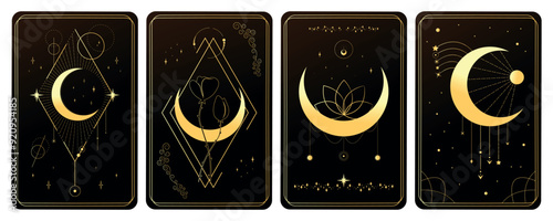 Golden magical tarot cards set decorated with crescents and stars. Mystery, astrology, alchemy. Vector illustration